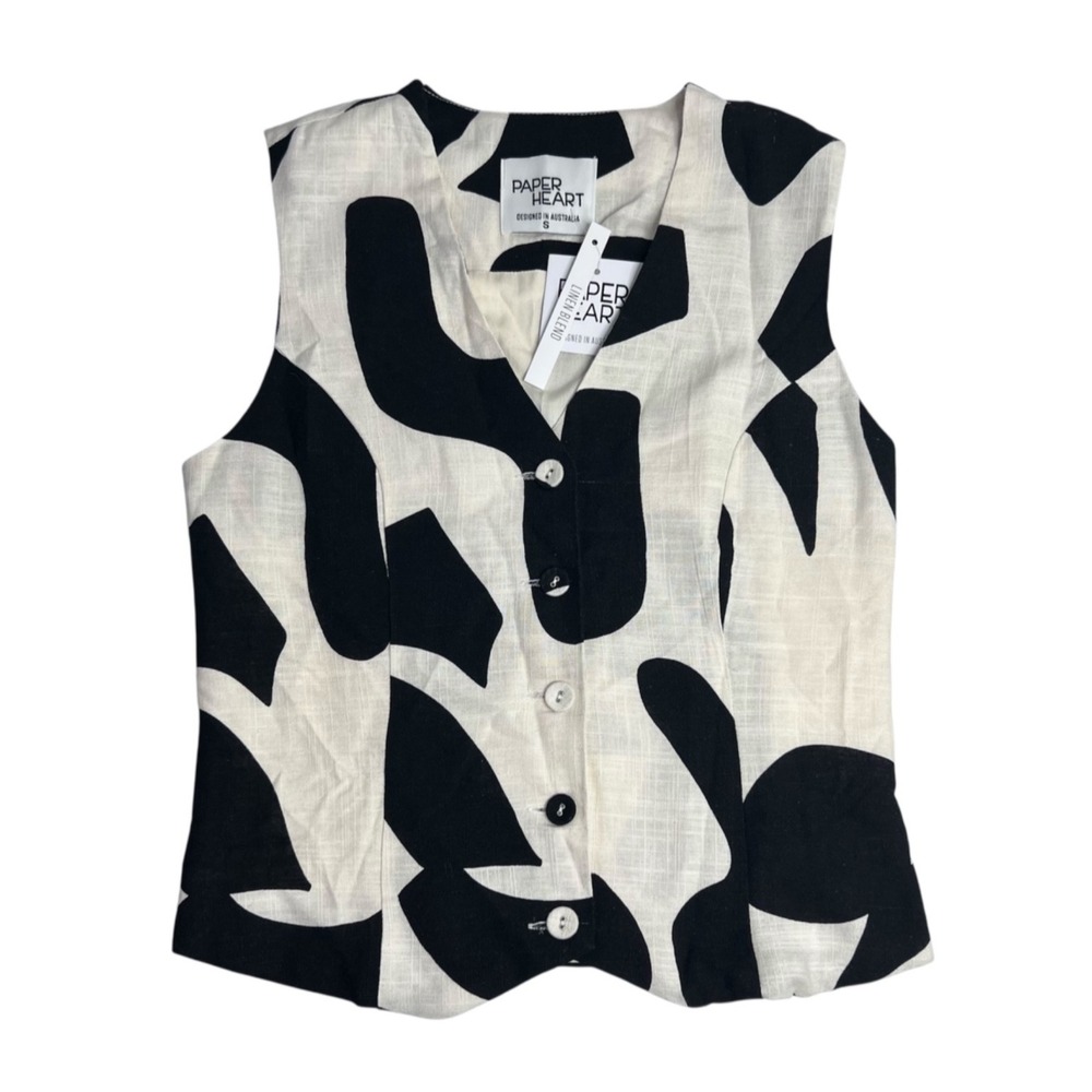 Paper Heart Women's Linen Blend Vest Top Black Cream Abstract Small